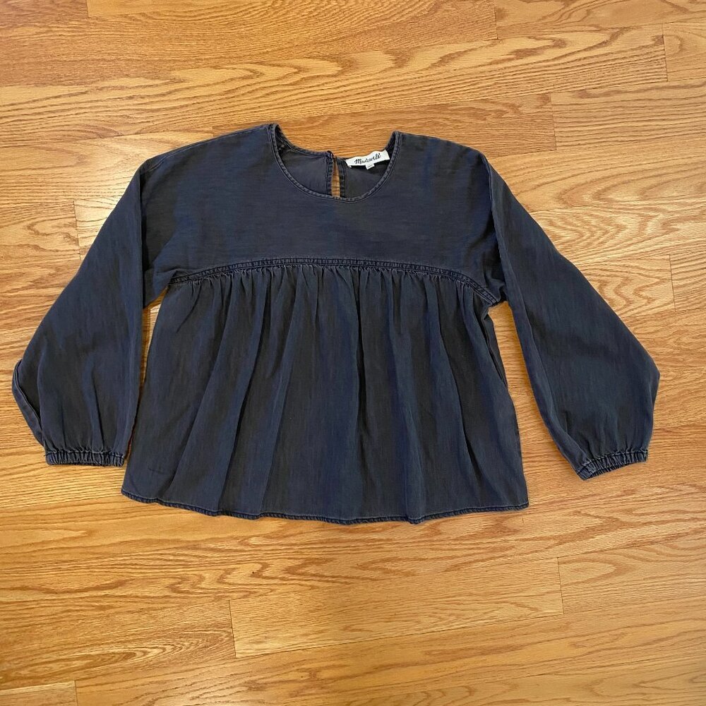 Madewell | Denim Chambray Shirred Swing Shirt in Lunar Wash Distressed Black